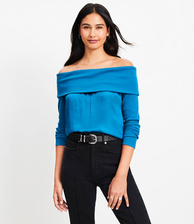 Petite Charmeuse Off The Shoulder Mixed Media Top