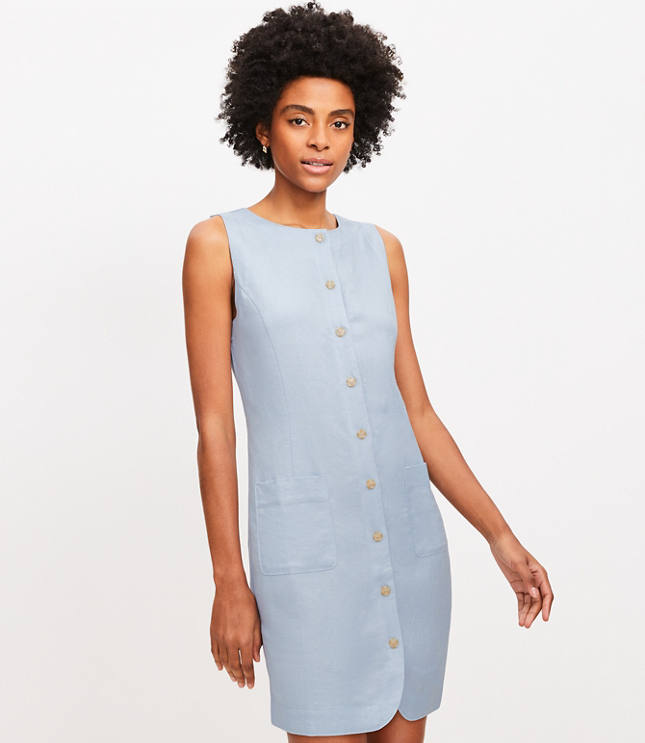 Linen Blend Button Mini Pocket Dress