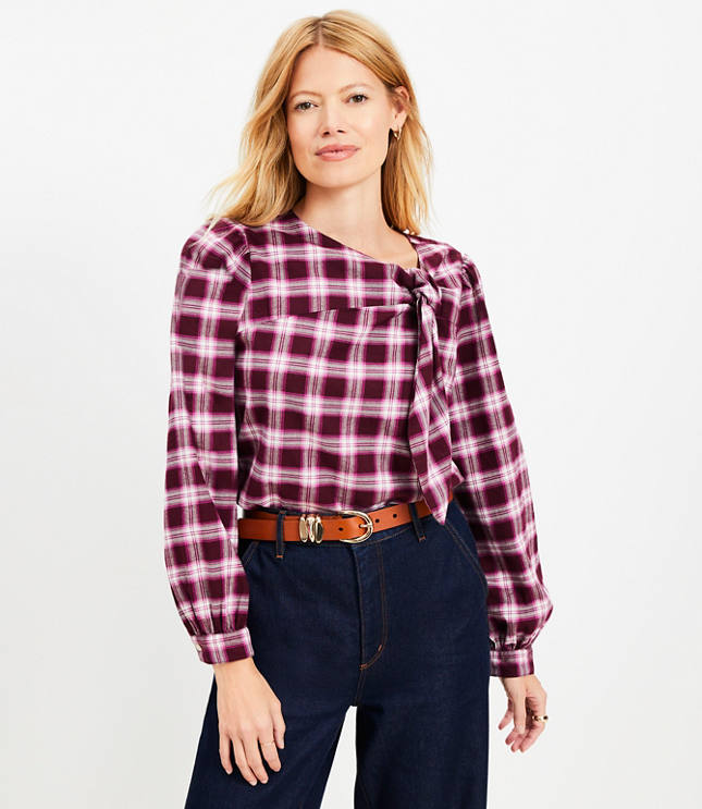 Petite Plaid Flannel Knotted Blouse