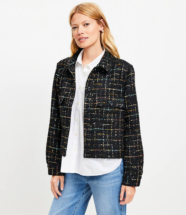 Sequin Tweed Cropped Shirt Jacket