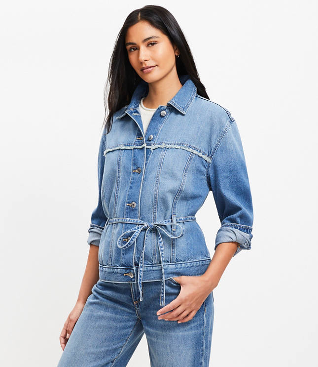 Tie Waist Denim Trucker Jacket in Luxe Medium Wash