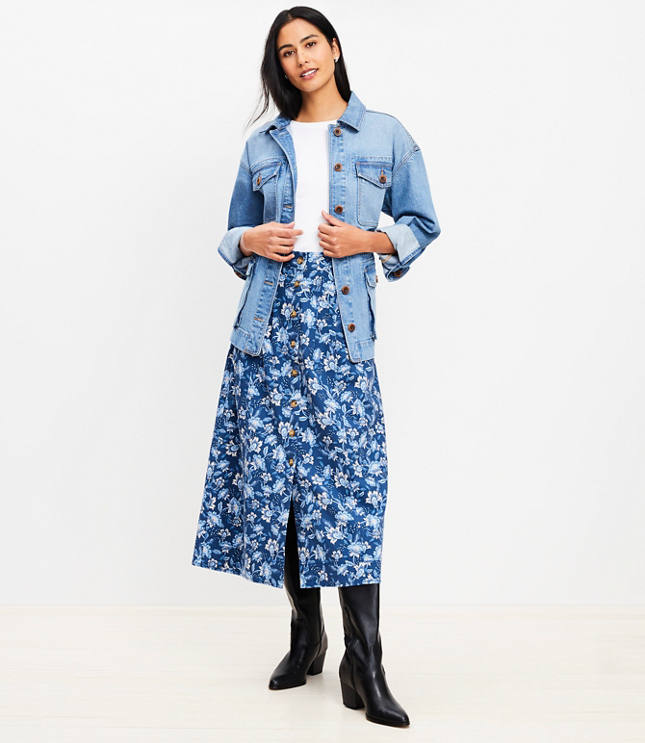 Floral Button Midi Pocket Skirt