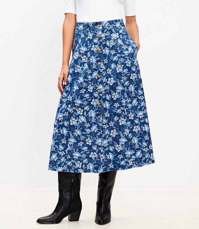 Floral Button Midi Pocket Skirt