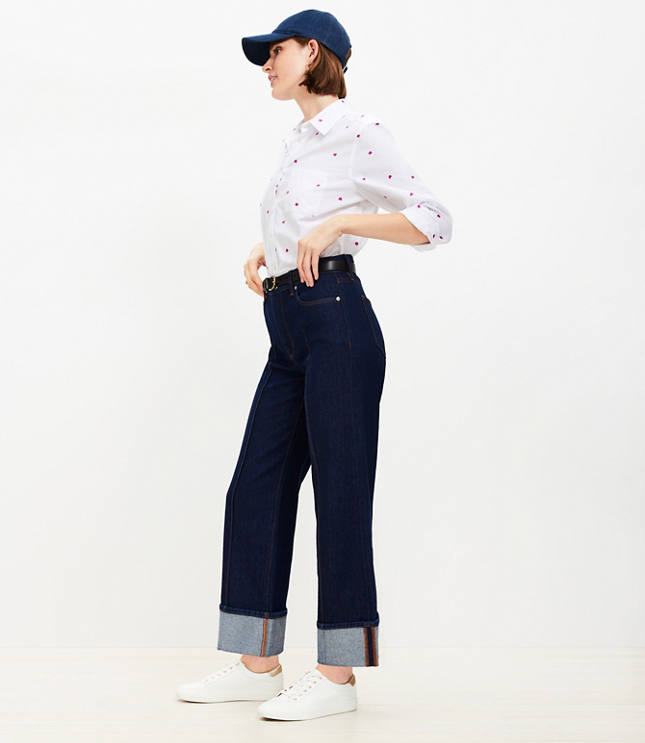 Tall Pintucked Cuffed High Rise Wide Leg Crop Jeans in Dark Rinse