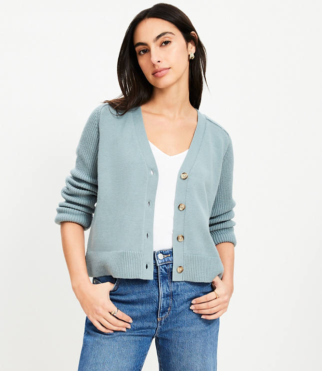 Ribbed Saddle Sleeve V-Neck Cardigan