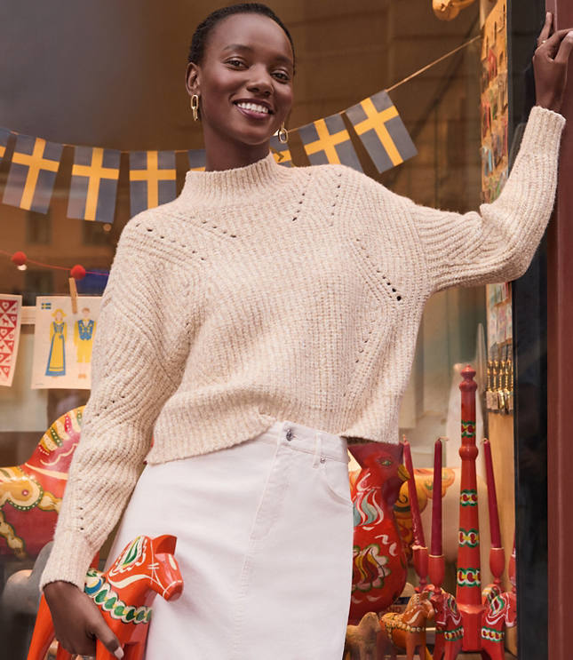 Petite Pointelle Mixed Ribbed Mock Neck Sweater