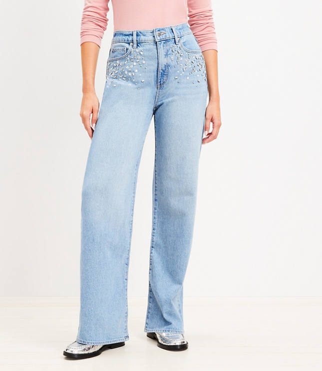 Sparkle High Rise Wide Leg Jeans in Light Wash Indigo