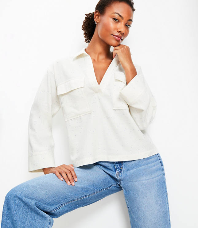 Petite Flecked V-Neck Pocket Popover