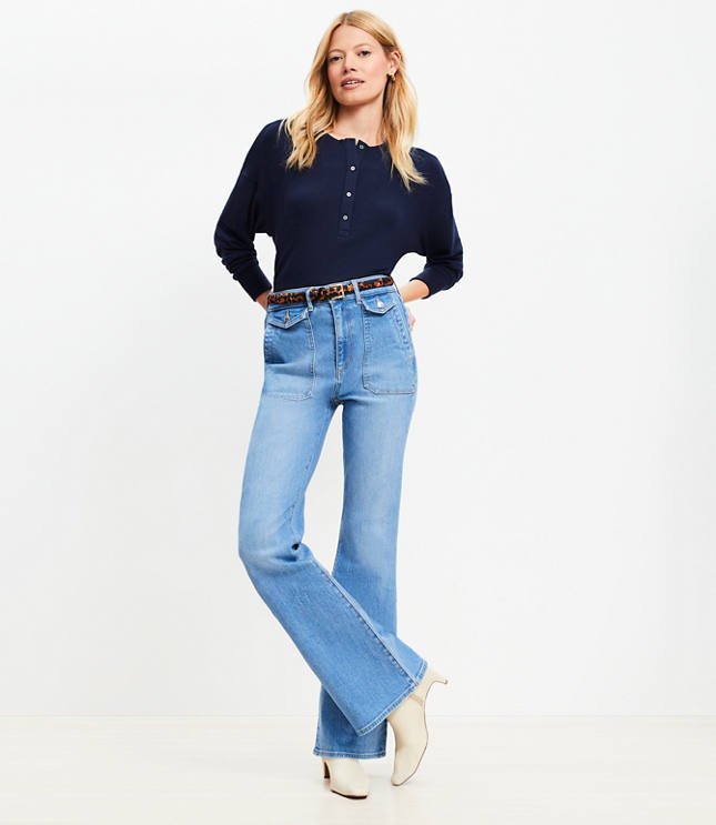 Petite Utility Pocket High Rise Slim Flare Jeans in Light Wash Indigo