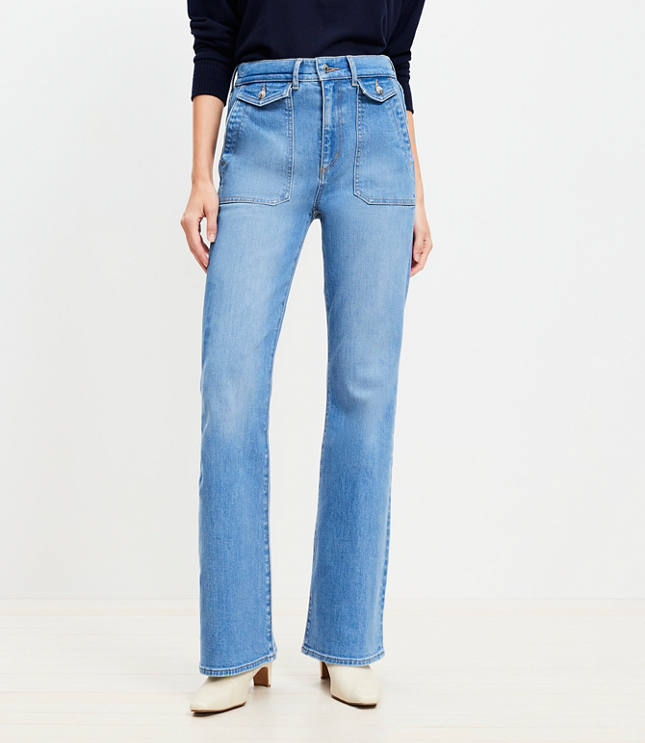 Petite Utility Pocket High Rise Slim Flare Jeans in Light Wash Indigo