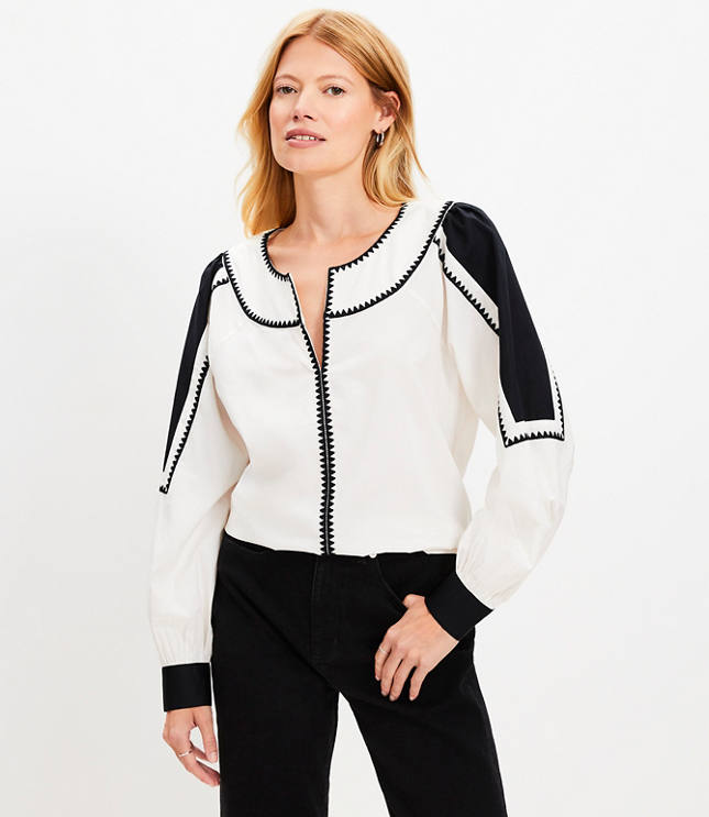 Loft Petite Colorblock Stitched Split Neck Blouse