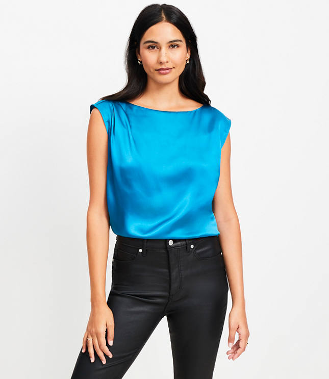 Petite Satin Pleated Shoulder Boatneck Top