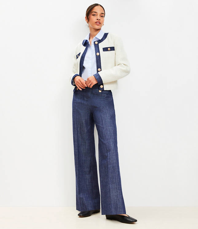 Button Trim Wide Leg Pants Refined Denim