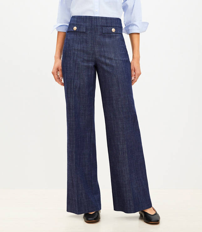 Button Trim Wide Leg Pants Refined Denim