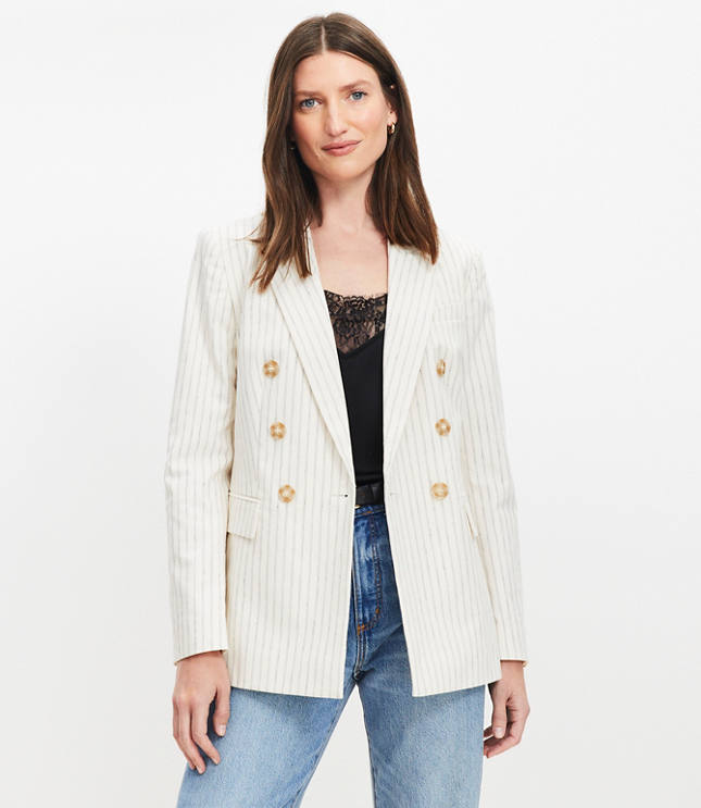 Striped Cotton Linen Double Breasted Blazer