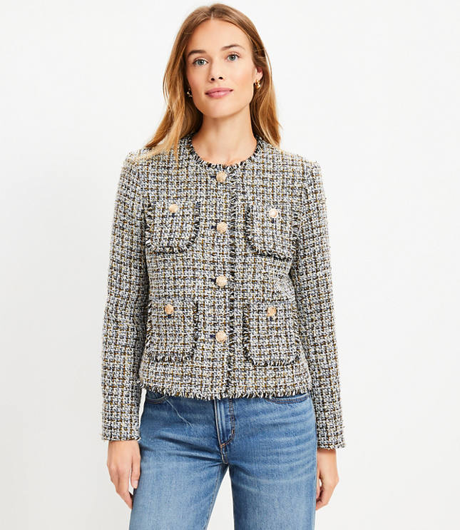 Metallic Fringe Tweed Collarless Jacket