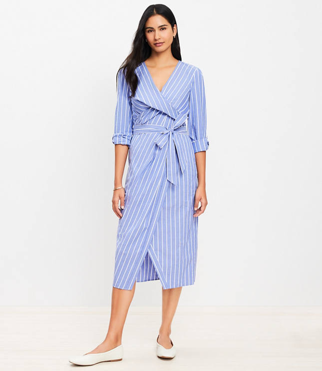 Loft Stripe Twisted Midi Wrap Dress