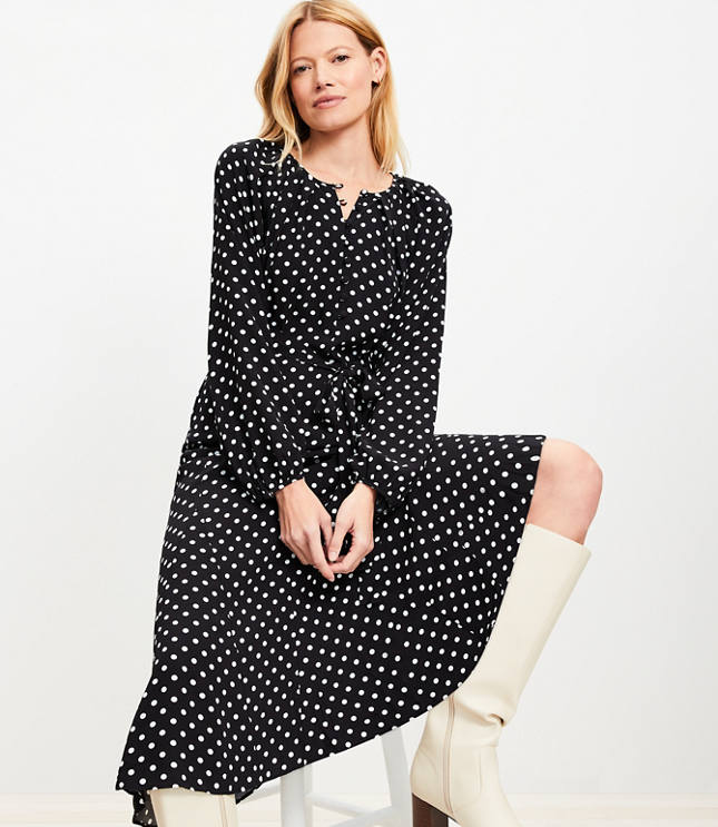 Petite Dotted Button Godet Midi Dress