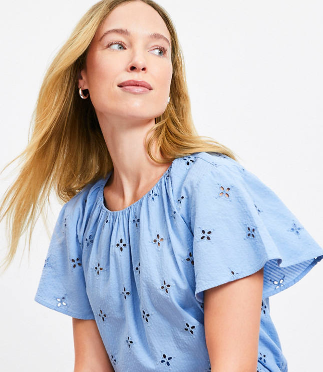 Eyelet Shirred Flutter Sleeve Top