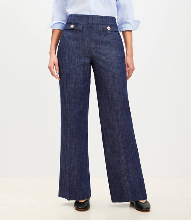 Curvy Button Trim Wide Leg Pants in Refined Denim