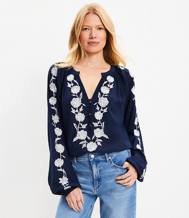 Floral Embroidered V-Neck Blouse