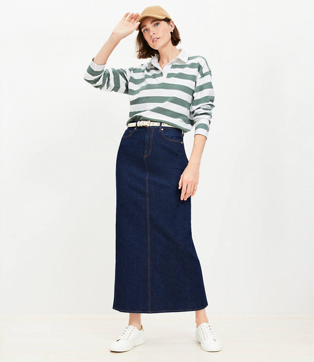 Petite Denim Maxi Skirt in Rinse Wash