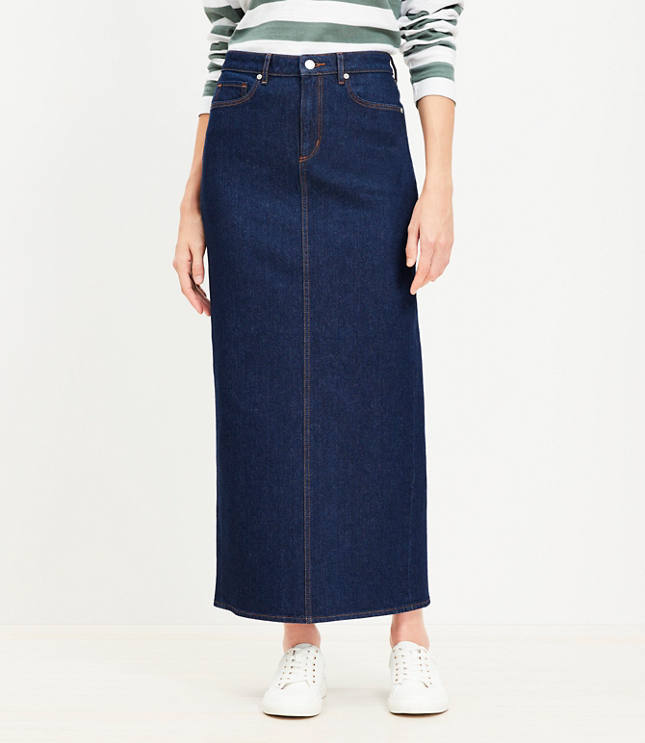 Petite Denim Maxi Skirt in Rinse Wash