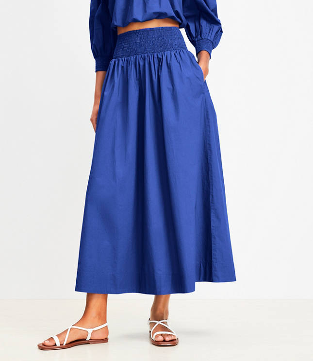 LOFT Beach Poplin Smocked Midi Pocket Skirt