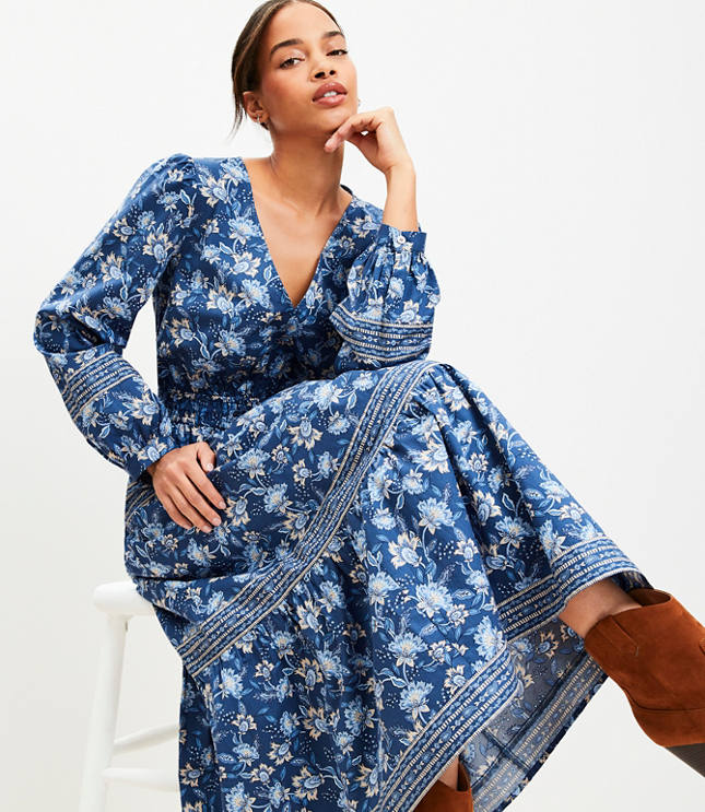 Floral Smocked Tie Waist Midi Dress