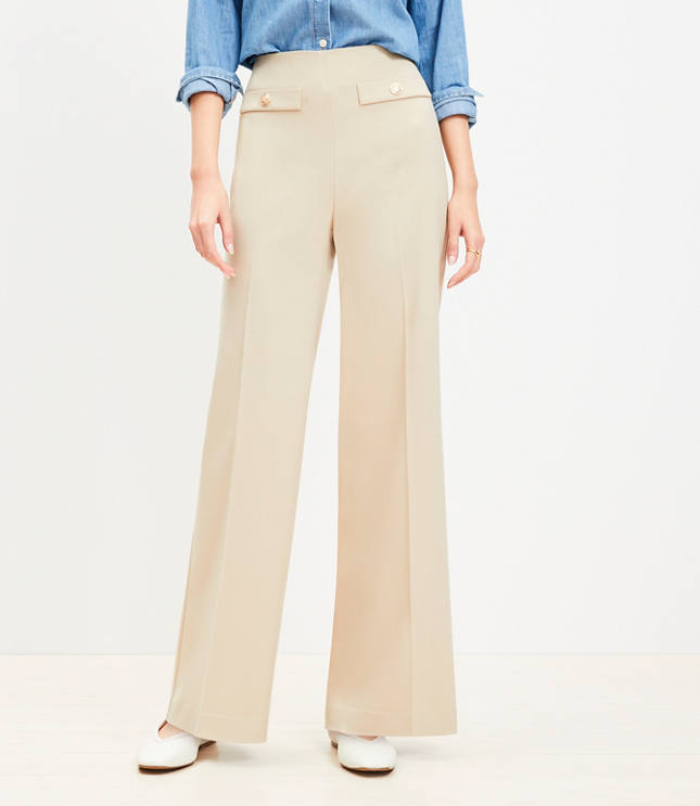 Petite Button Trim Wide Leg Pants in Twill