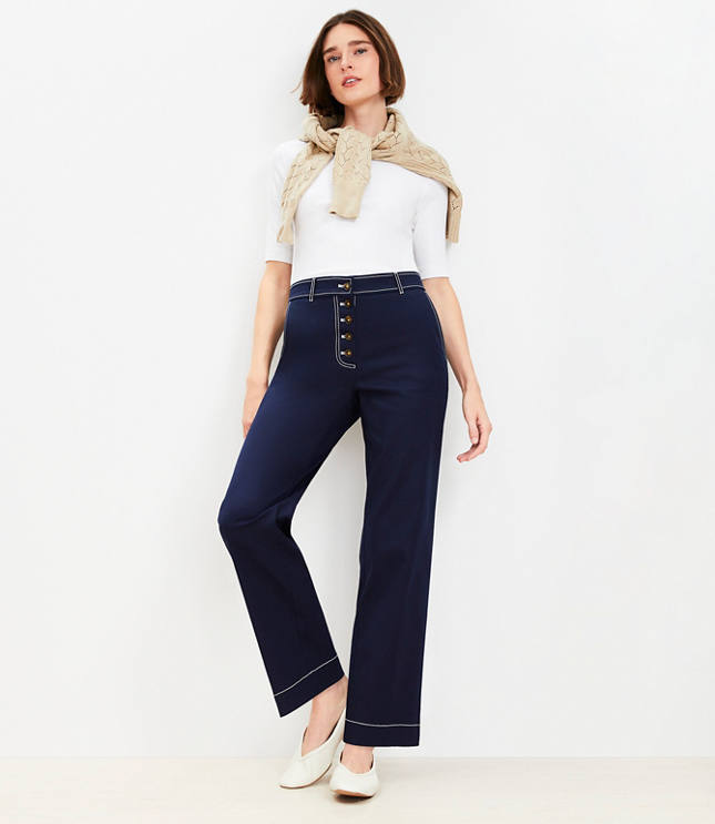 Petite Button Front Straight Pants in Twill