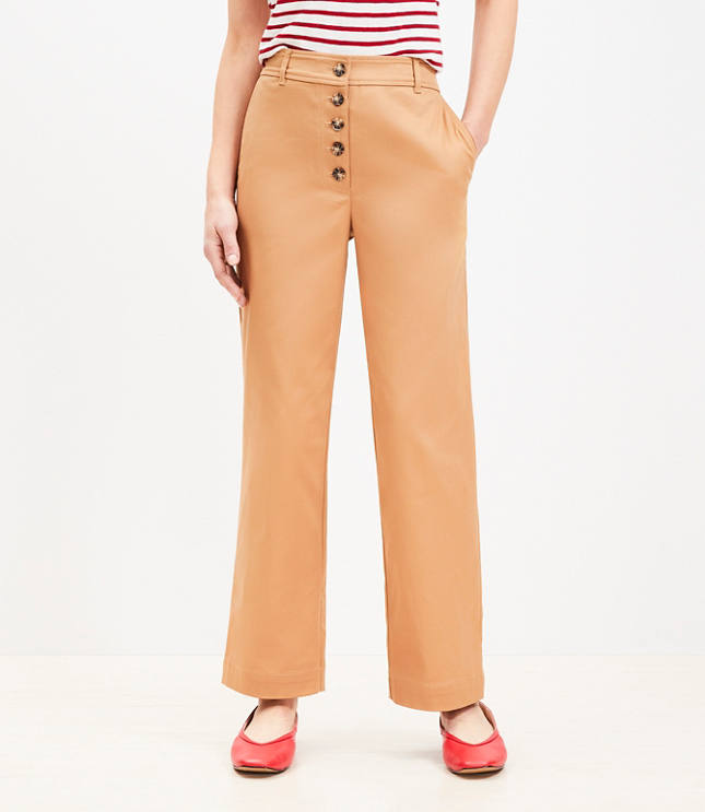 Petite Button Front Straight Pants in Twill