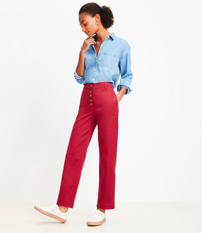 Petite Button Front Straight Pants Twill