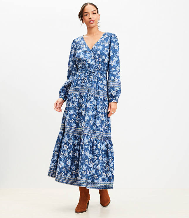 Petite Floral Smocked Tie Waist Midi Dress