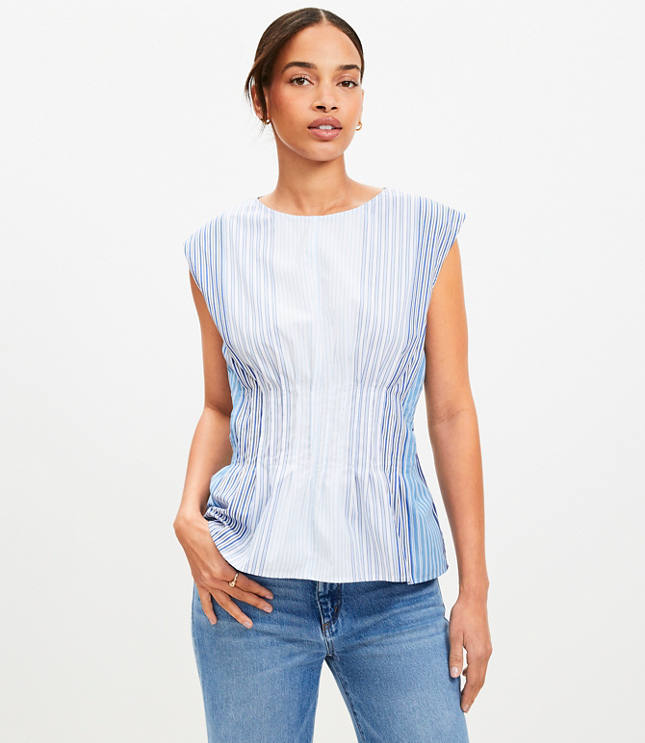 Petite Striped Pleated Peplum Top