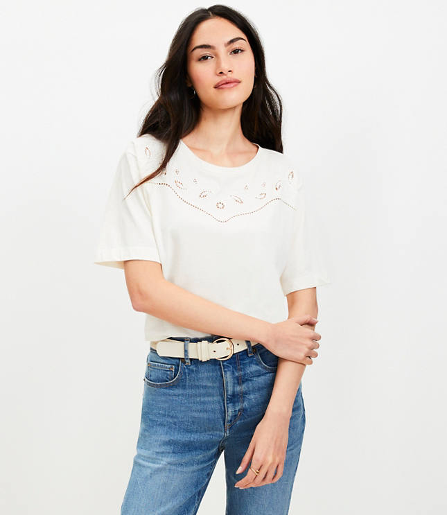 Petite Floral Cutout Lace Yoke Tee