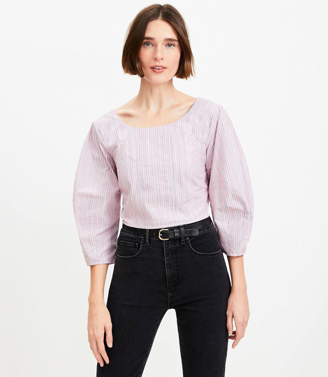 Petite Striped Poplin Corset Seamed Blouse