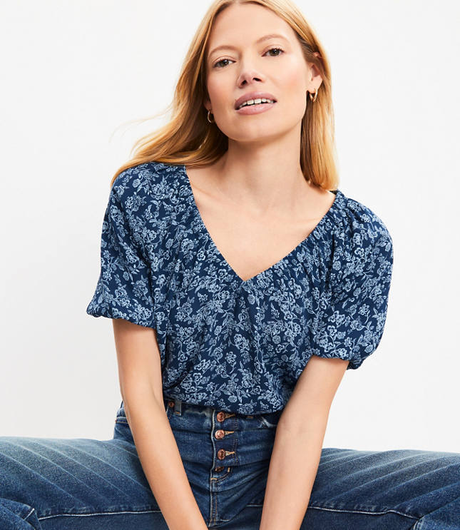 Petite Floral V-Neck Mixed Media Top