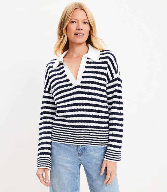 Petite Mixed Stripe Collared V-Neck Sweater