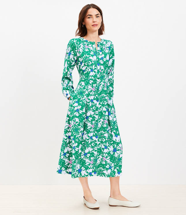 Petite Floral Balloon Sleeve Midi Pocket Dress