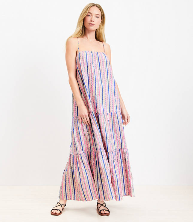 LOFT Beach Dobby Stripe Square Neck Tiered Maxi Dress