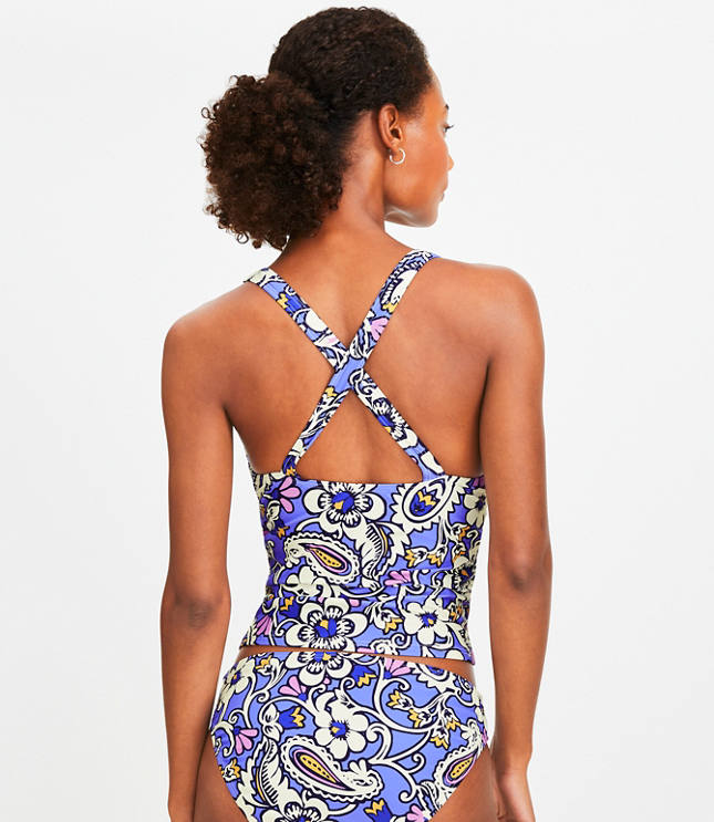 LOFT Beach Paisley Ruched Cross Back Halter Tankini Top
