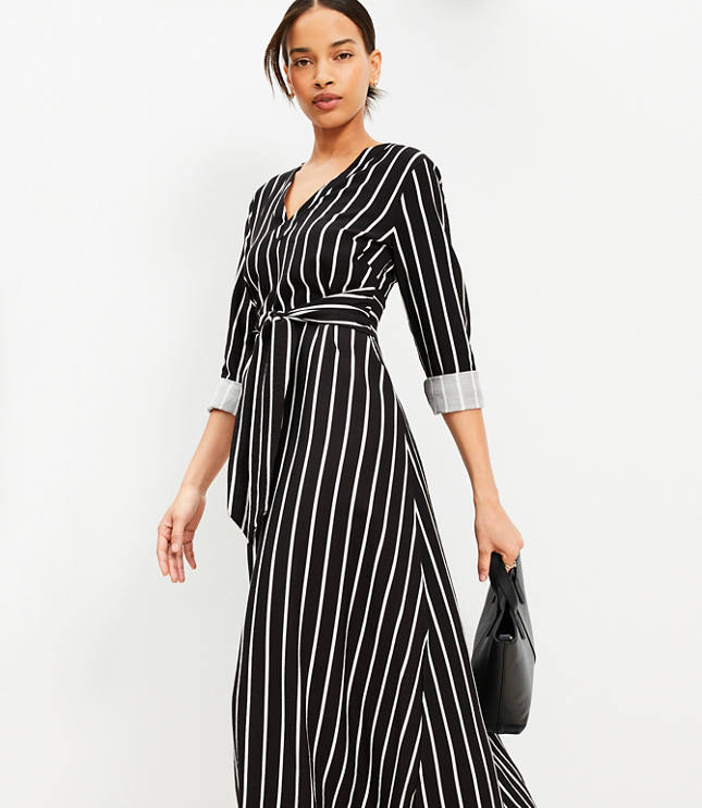 Petite Striped Tie Waist Midi Dress