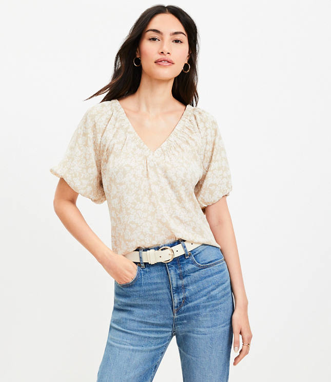 Petite Floral V-Neck Mixed Media Top