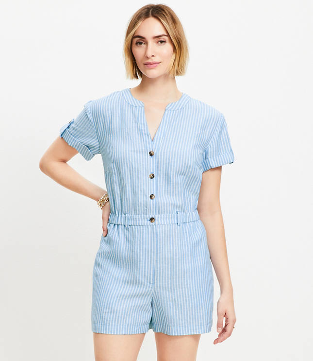 Striped Linen Cotton Split Neck Romper