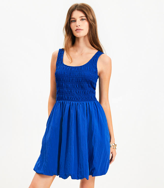 Smocked Scoop Neck Mini Pocket Dress