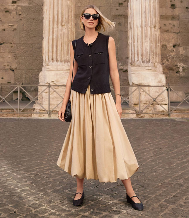 Poplin Ruched Bubble Midi Skirt