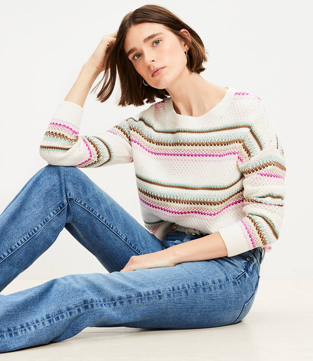 Petite Striped Pointelle Sweater