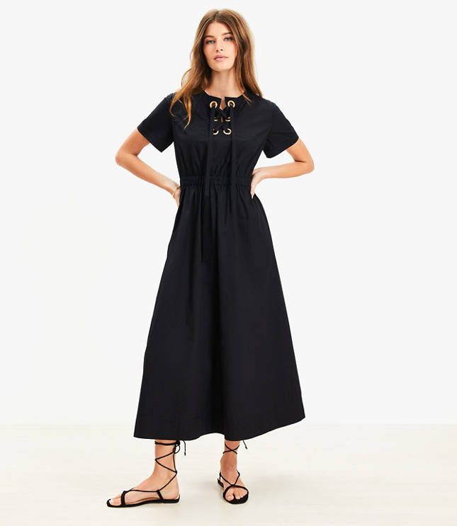 Poplin Lace Up Midi Pocket Dress