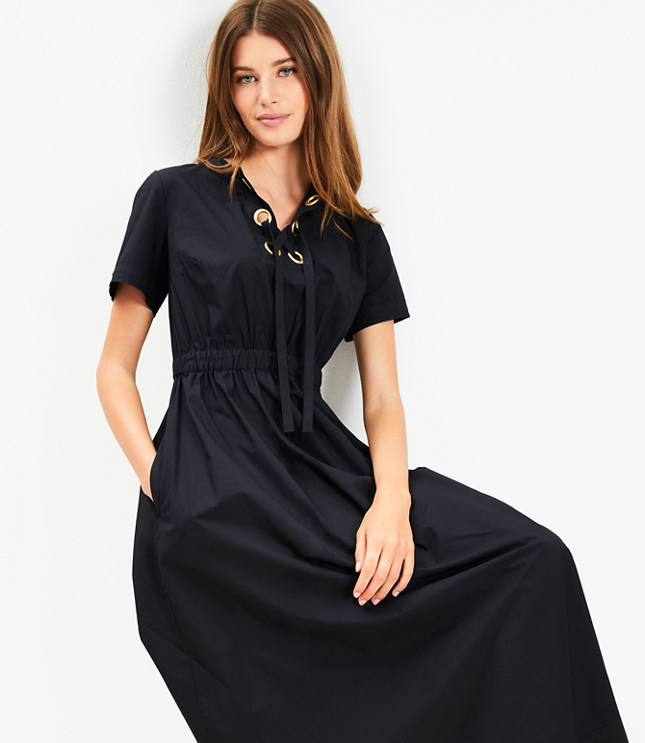 Poplin Lace Up Midi Pocket Dress